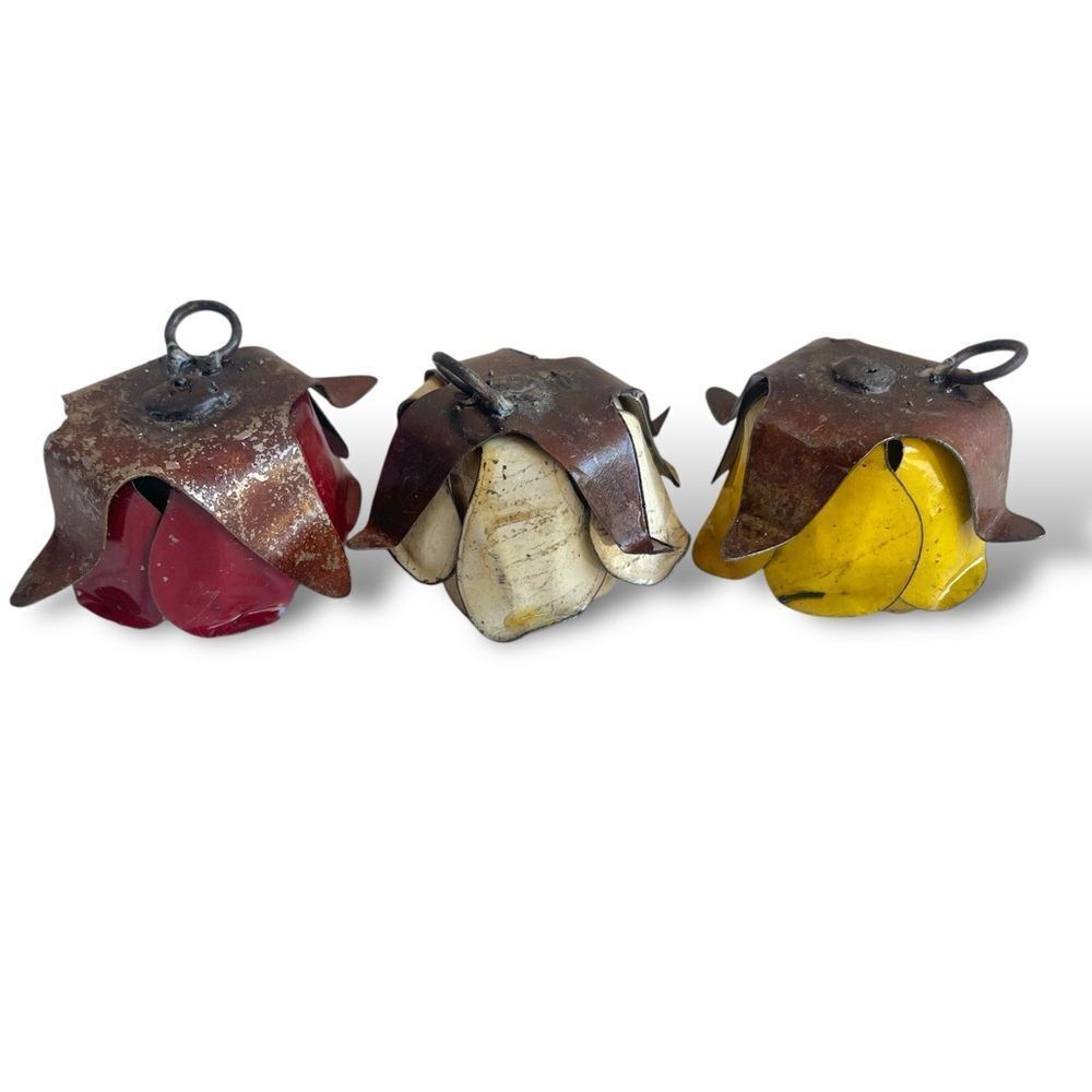 Rustic Painted Forged Metal Decorative Rose Bloom Trio in White Red Yellow - Picture 3 of 16